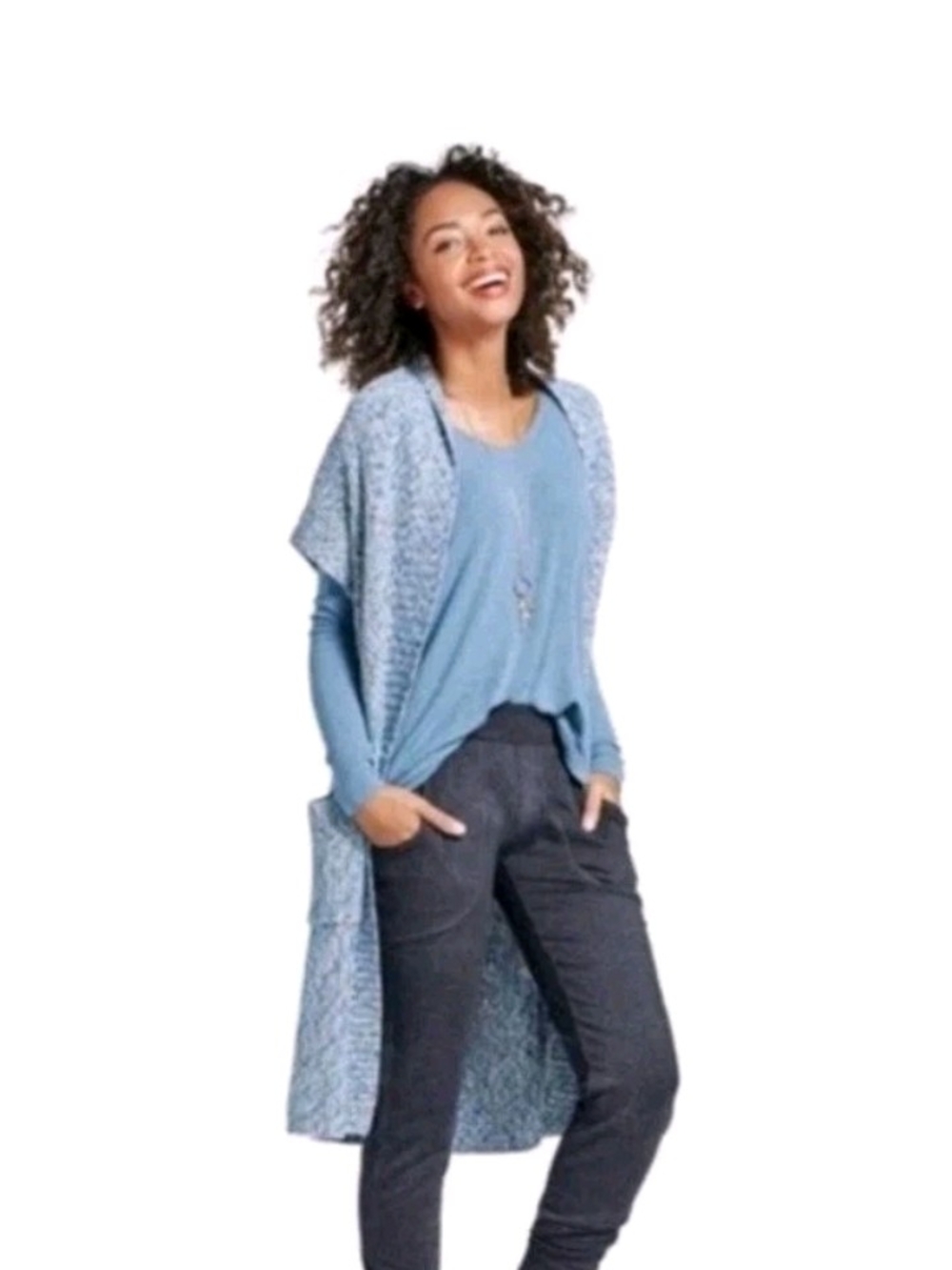 Cabi Love Carol Collection Long Blue Open Sweater Napa Vest Cardigan Size M